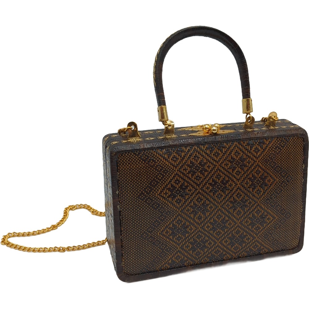 Bridgette Franklin Woven Wood Box Clutch Bag Gold Hardware Red Lining Brown